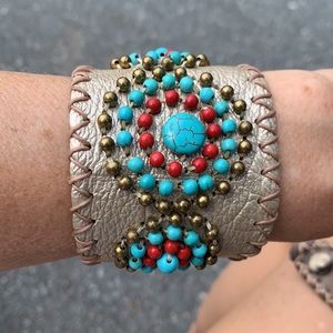 NEW Made in Bali Leather Beaded Cuff Bracelet
